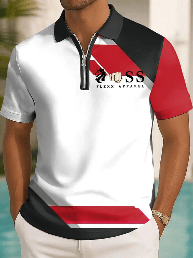 Men's Retro Letter Design Printed Casual Zipper Polo Shirt