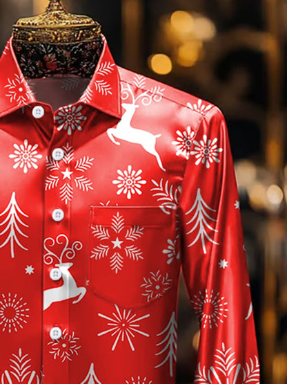 Men's Luxury Christmas Contrast Print Long Sleeve Pocket Shirt