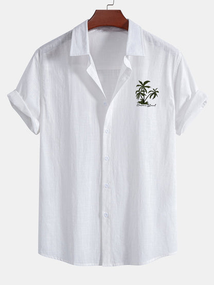 Hawaii Palm Tree Print Linen Look Cotton Button Up Shirt
