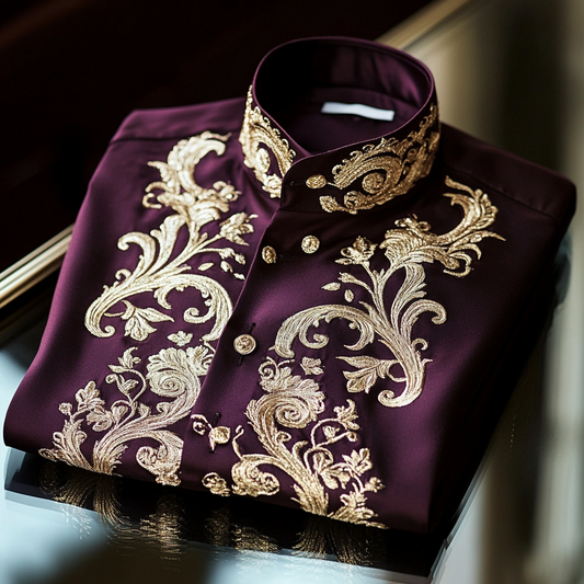 Luxurious and high-end Men's stand collar shirt floral patterns impeccable craftsmanship business leisure vacation long sleeve shirt
