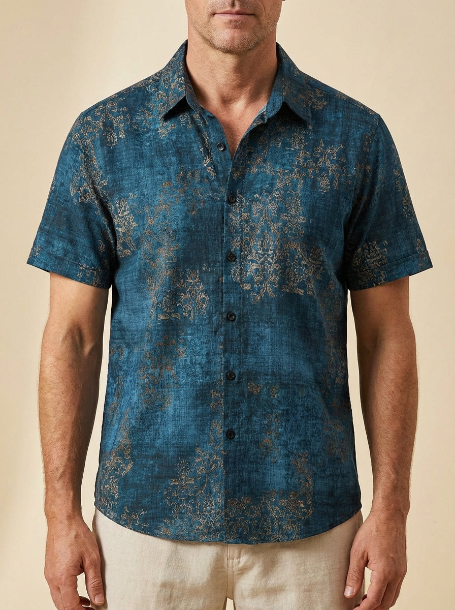 Men's Blue Cotton Vintage Short Sleeve Summer Button Up Shirt