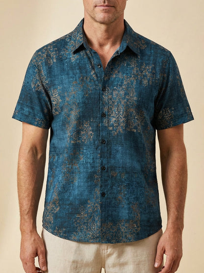 Men's Blue Cotton Vintage Short Sleeve Summer Button Up Shirt