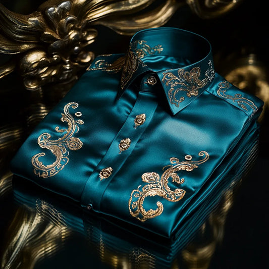 High Elasticity Soft Unique Men's Satin Luxe Print Short Sleeve Button Shirt