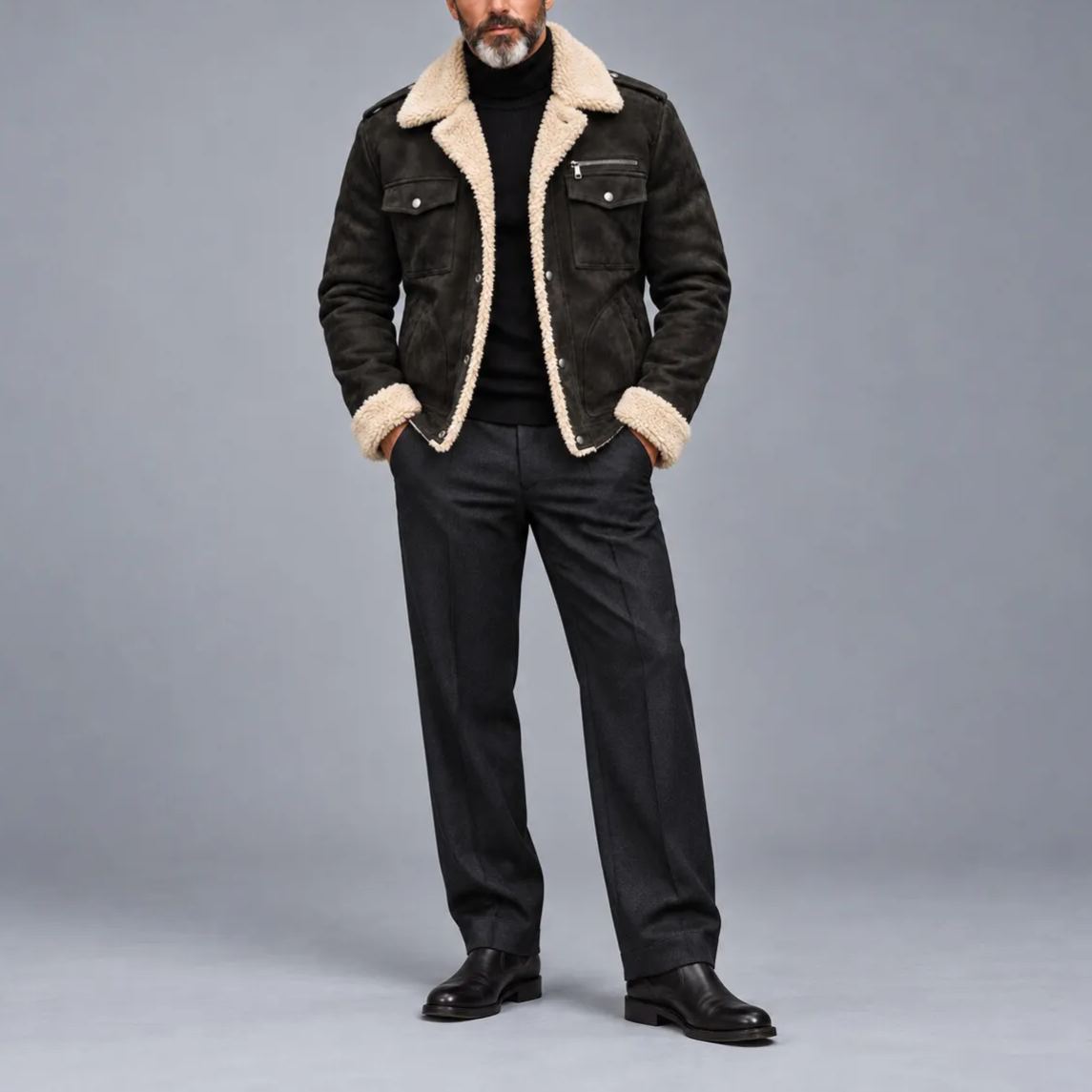 Men's Solid Color Suede Multi-Pocket Single Breasted Sherpa Lining Jacket