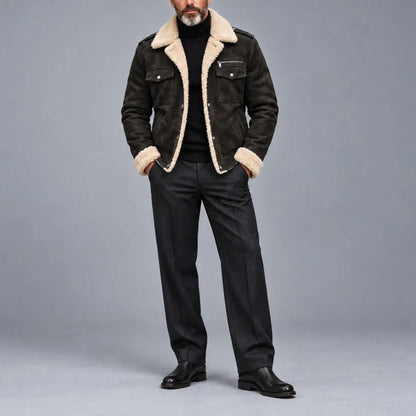 Men's Solid Color Suede Multi-Pocket Single Breasted Sherpa Lining Jacket