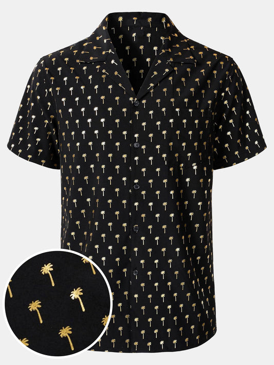 Men's Golden Palm Tree Cuban Collar Short Sleeve Shirt