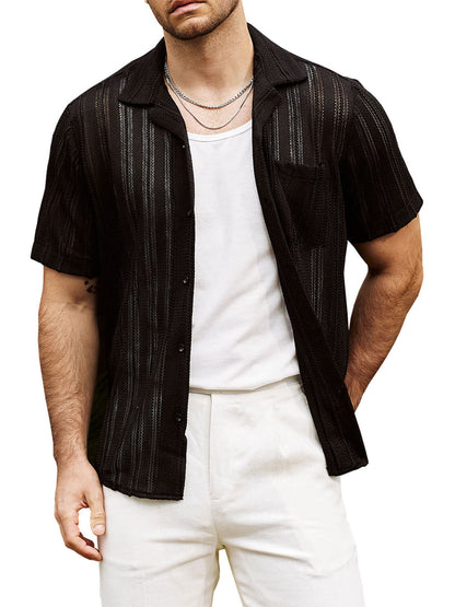 Men's Summer Lace Short Sleeve Casual Button Up Beach Shirt