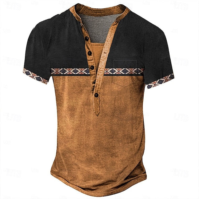 Men's Tribal Ethnic T Shirt Henley Shirt Tee Short Sleeve Designer Basic Ethnic Outdoor Casual Daily Summer Dark Brown Black Light Green Navy Blue Henley Henley T-Shirt