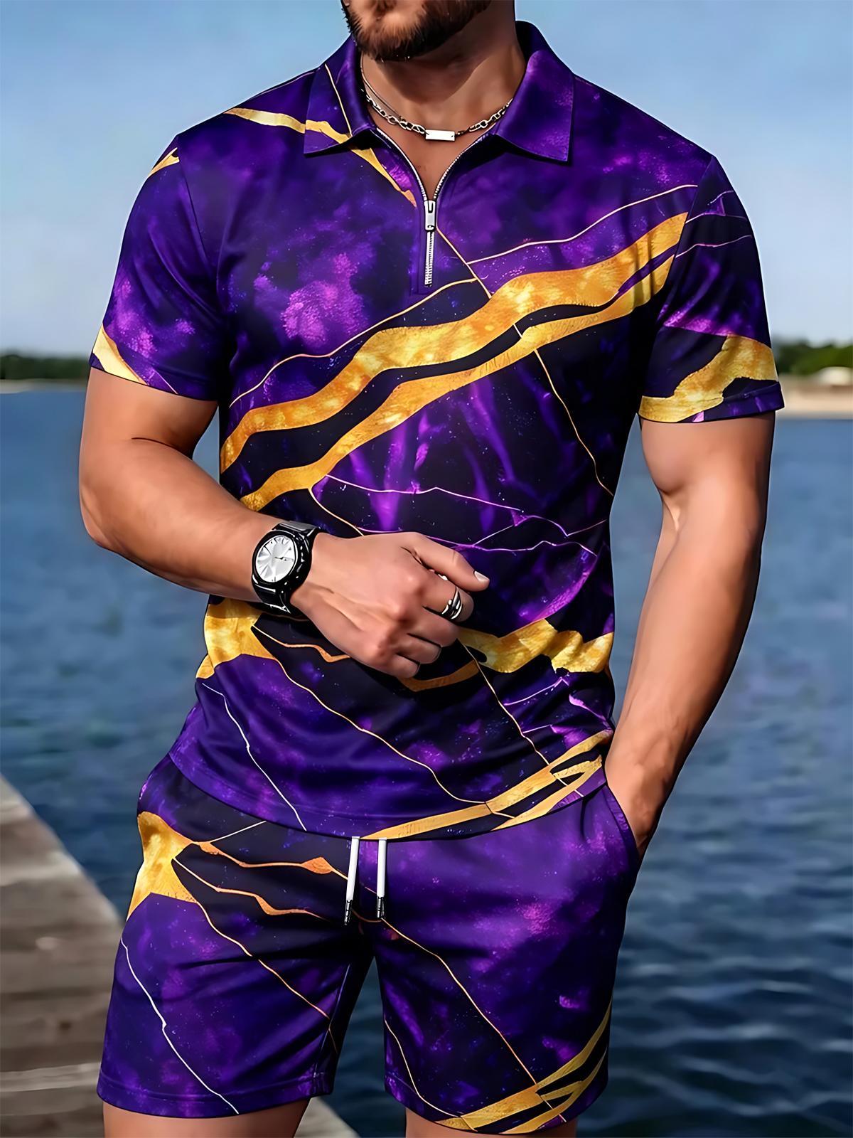 Abstract Men's Short Sleeve Zipper Polo And Shorts Set