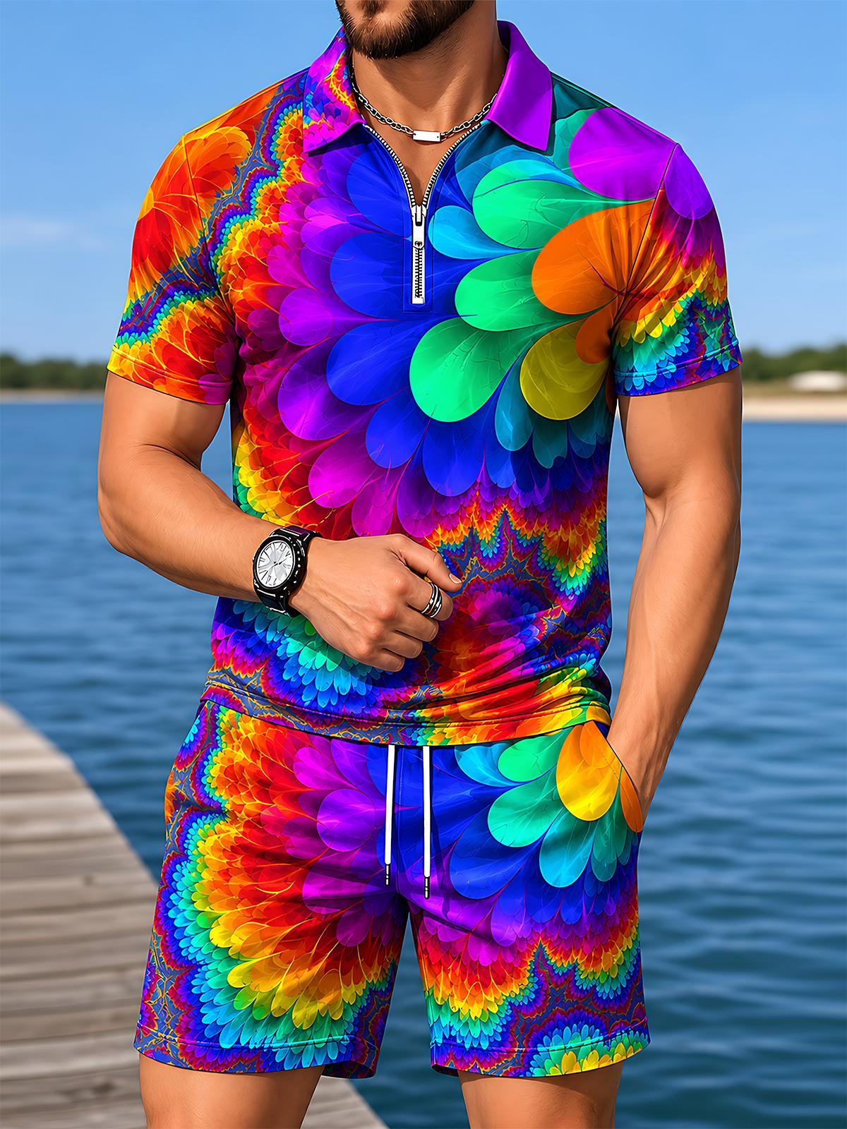 Colorful Psychedelic Fractal Art Abstract Men's Short Sleeve Zipper Polo And Shorts Set