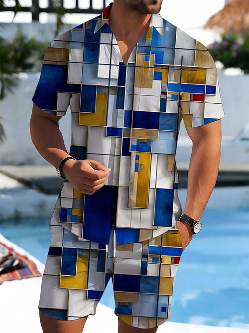 Geometric Print Men's Short Sleeve Pocket Shirts And Shorts Set