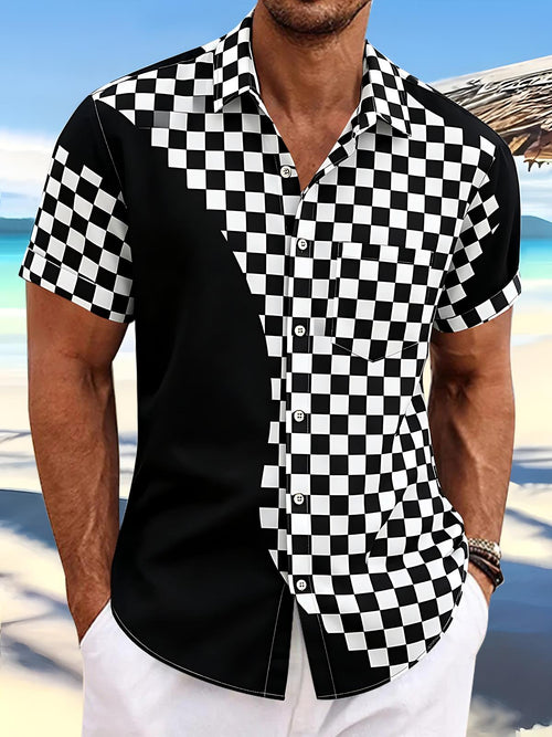 Geometry Checkered Pattern Men's Pocket Short Sleeve Shirts