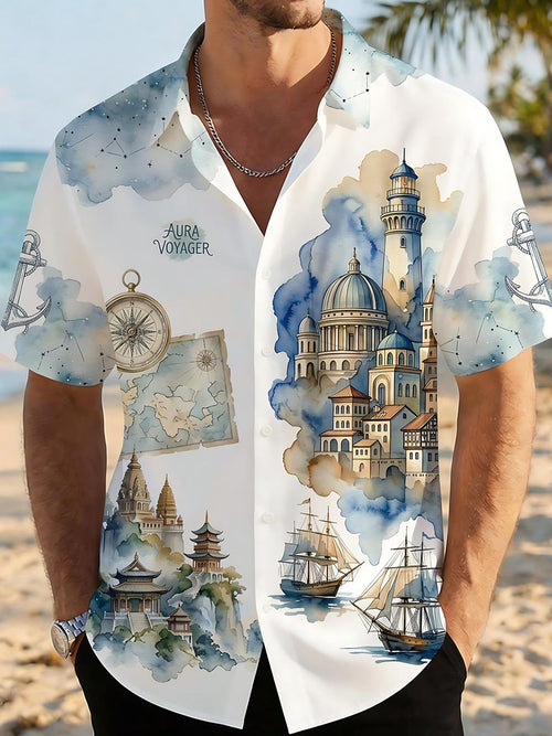 Boat Compass Nautical Art Print Men's Pocket Short Sleeve Shirts
