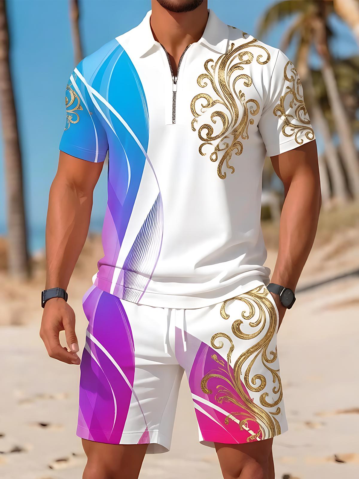 Art Abstract Blue-Purple Gradient Baroque Pattern Men's Short Sleeve Zipper Polo And Shorts Set