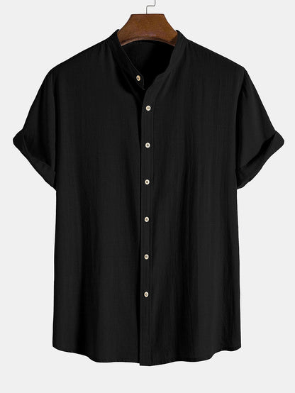 Linen Look Cotton Blend Stand Collar Shirt