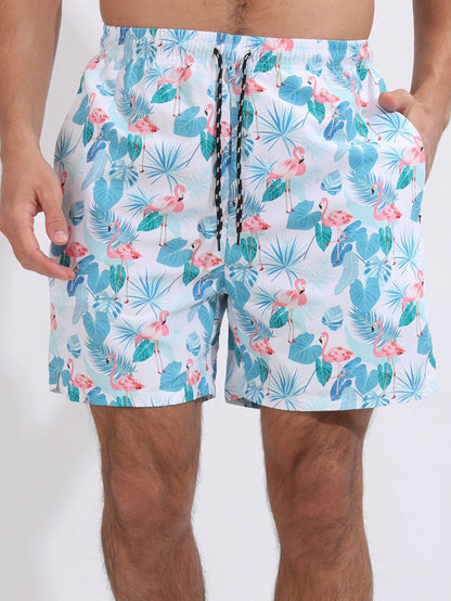 Flamingo Tropical Print Swim Shorts With Compression Liner