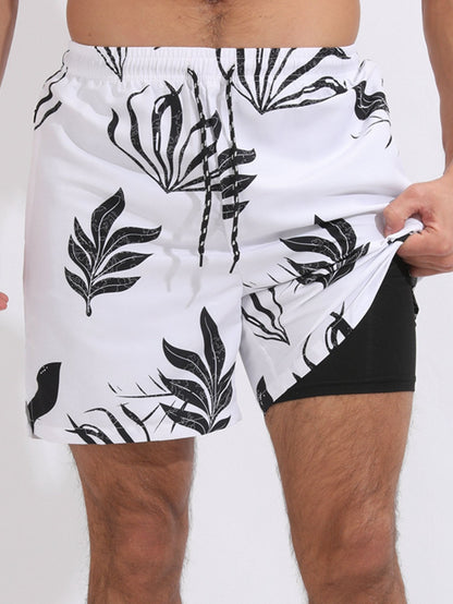 Leaf Print Swim Shorts With Compression Liner