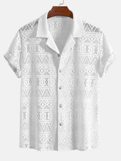 Short Sleeve Geometry Textured Cuban Shirt