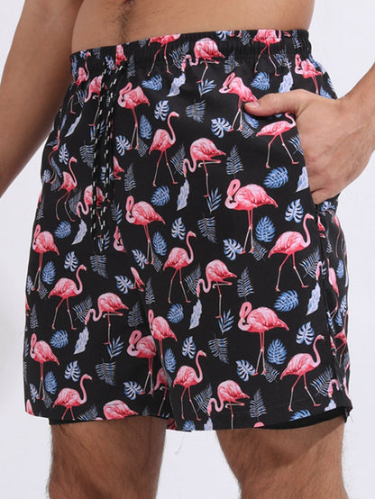 Flamingo Print Swim Shorts With Compression Liner