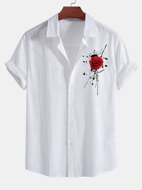 Splash Rose Print Linen Look Cotton Button Up Shirt