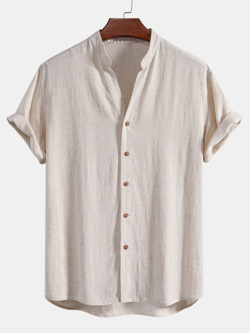 Short Sleeve V Neck Linen Rayon Blend Shirt