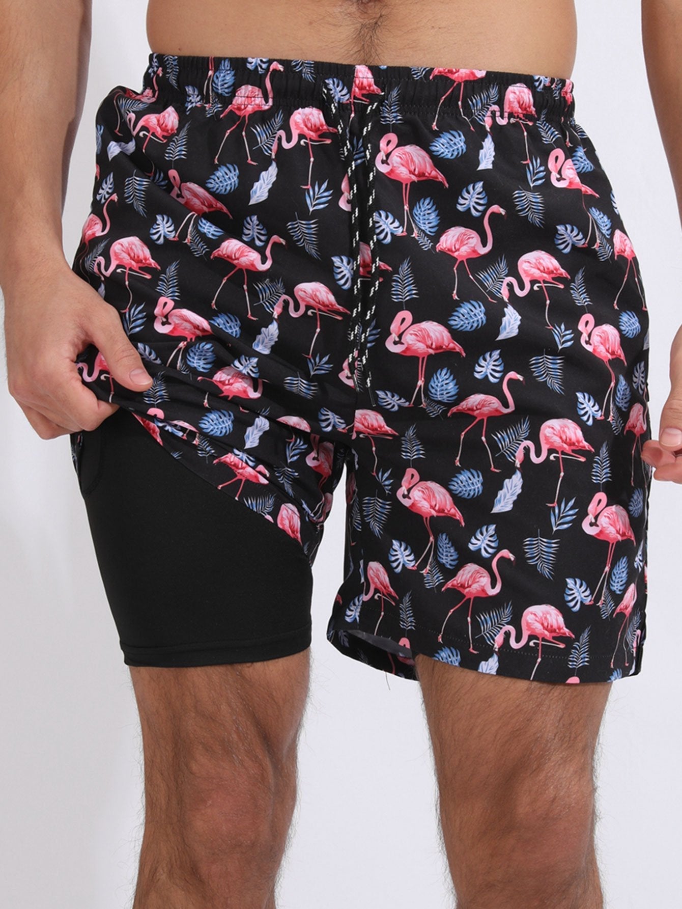 Flamingo Print Swim Shorts With Compression Liner