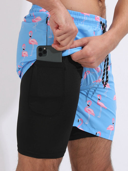 Flamingo Print Swim Shorts With Compression Liner