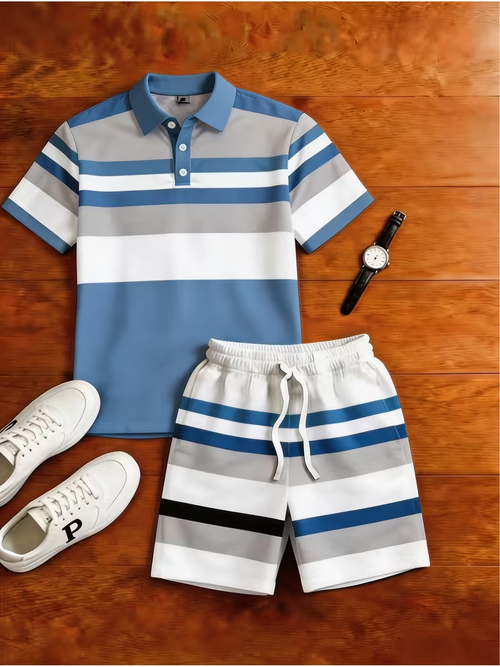 Men's Casual Plaid Printed Polo Shirt And Pants Two-Piece Set