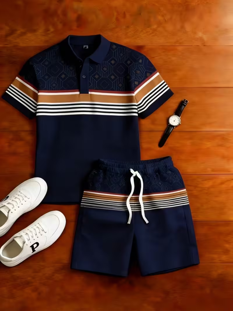 Men's Casual Geometry Printed Polo Shirt And Pants Two-Piece Set