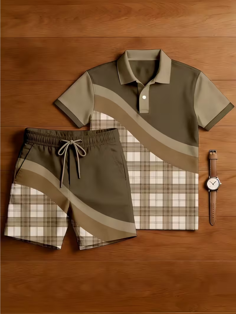 Men's Casual Printed Polo Shirt And Pants Two-Piece Set