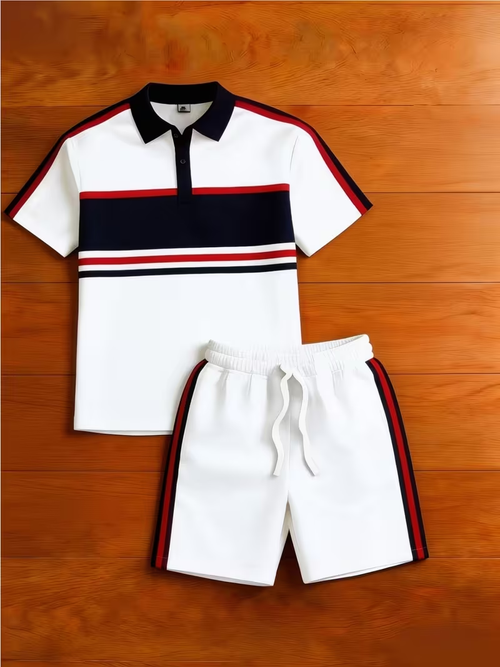 Men's Casual Plaid Printed Polo Shirt And Pants Two-Piece Set