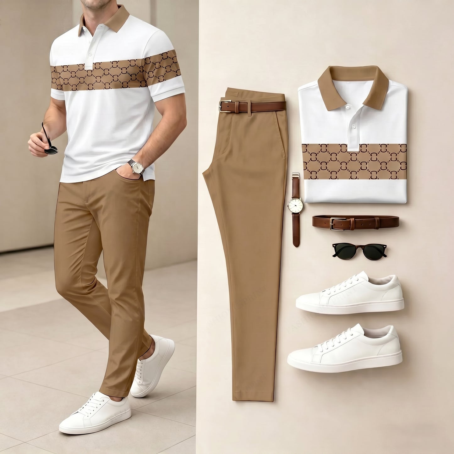 Men's Casual Black & Brown Plaid Printed Polo Shirt And Pants Two-Piece Set