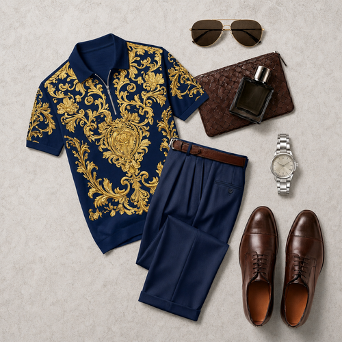 Men's Casual  With Color Deep Blue Print Polo Collar Zipper Short-Sleeve And Pants Set