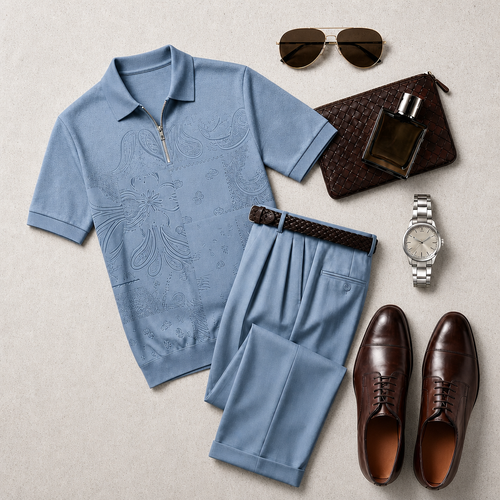 Men's Casual With Gray Blue Print Polo Collar Zipper Short-Sleeve and Pants Set
