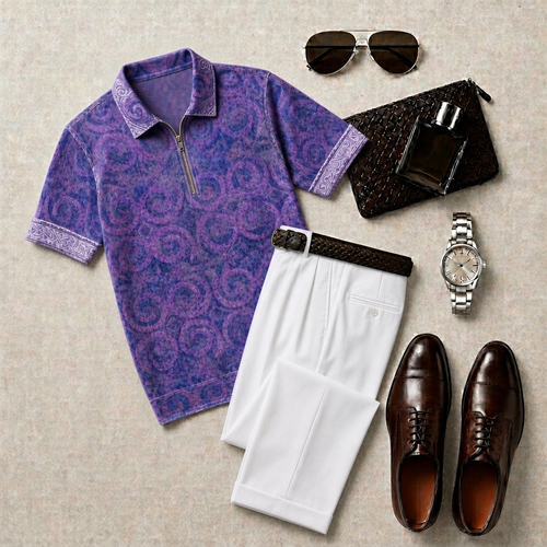 Men's Casual With Purple Print Polo Collar Zipper Short-Sleeve and Pants Set