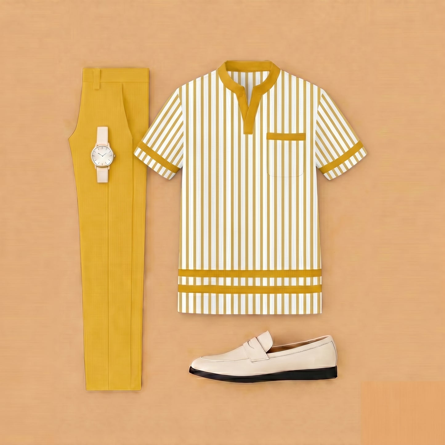 Men's Casual Multi Yellow & White Color Matching Striped Printed Short Sleeved Henry Collar T-Shirt & Trousers Two-Piece Set