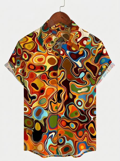 Men's Retro Striped Multi Red Art Printed Button Up Short Sleeve Shirt