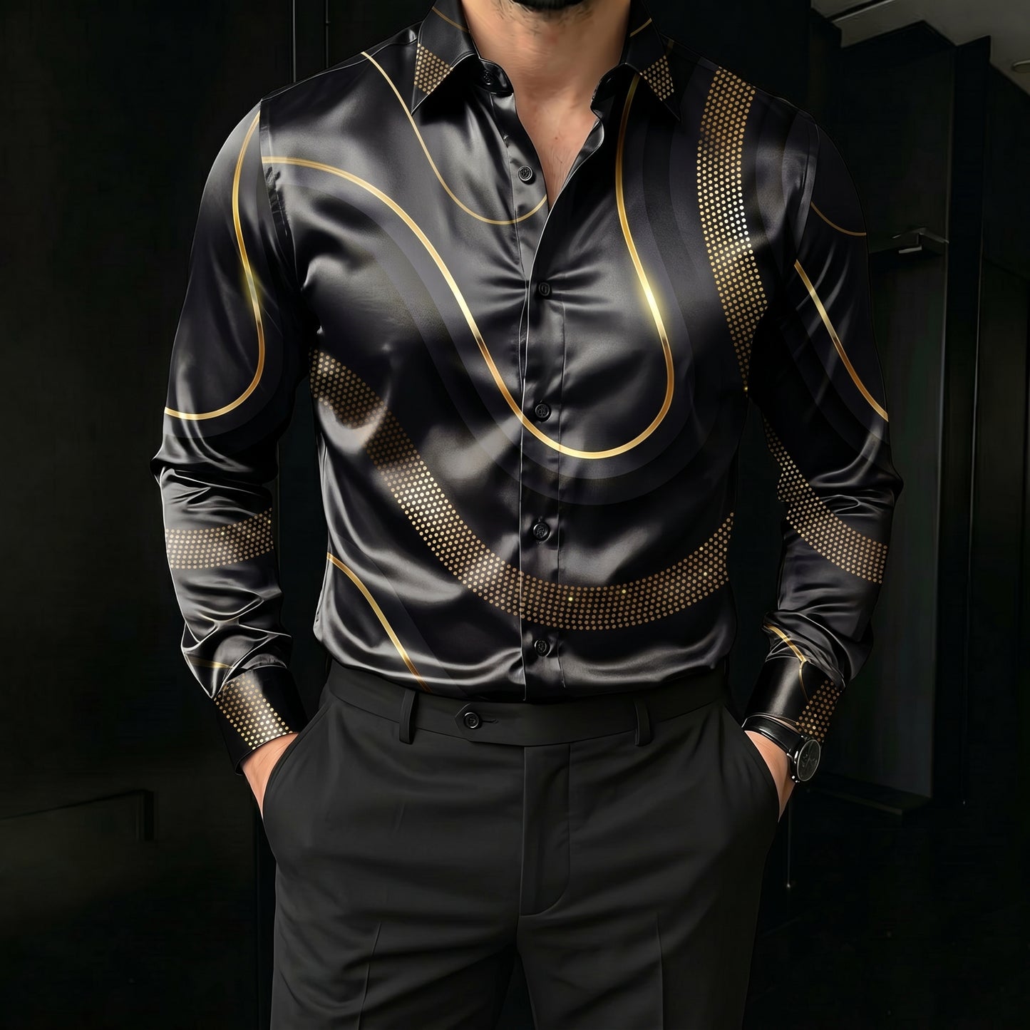 Men's Black & Gold Striped Printed Long Sleeve Shirt