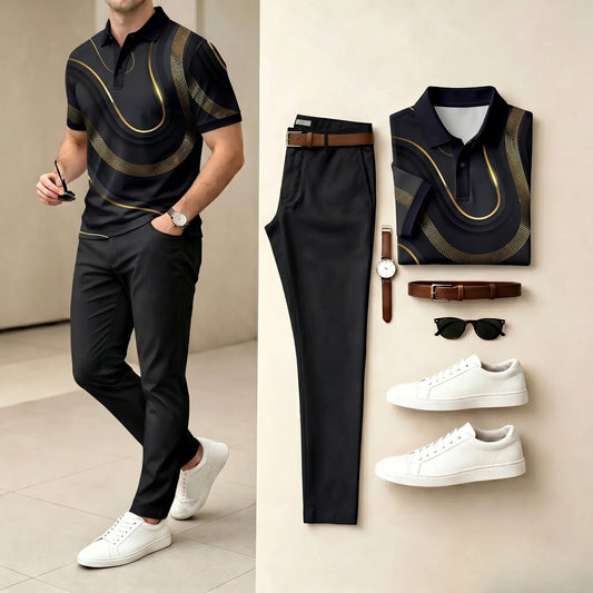 Men's Casual Black Color Matching Printed Polo Shirt & Pants Two-Piece Set