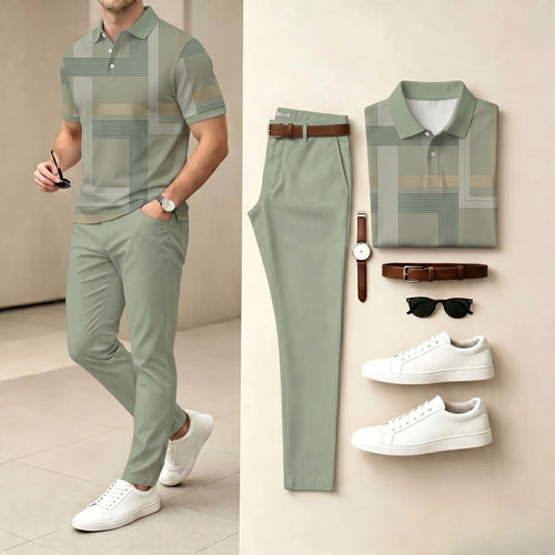 Men's Casual Light Green Color Matching Striped Printed Polo Shirt & Pants Two-Piece Set