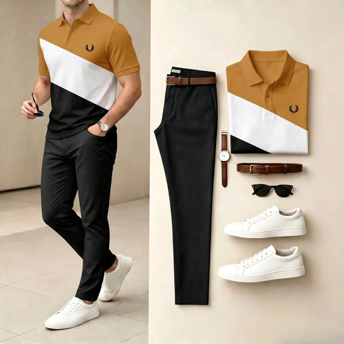 Men's Casual Brown & Black Color Matching Printed Polo Shirt & Pants Two-Piece Set