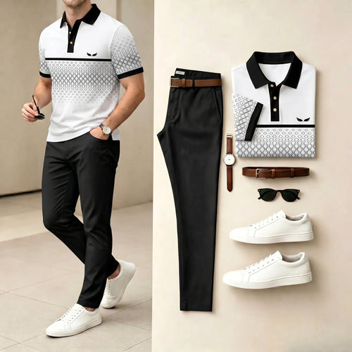 Men's Casual Brown & Black Color Matching Printed Polo Shirt & Pants Two-Piece Set