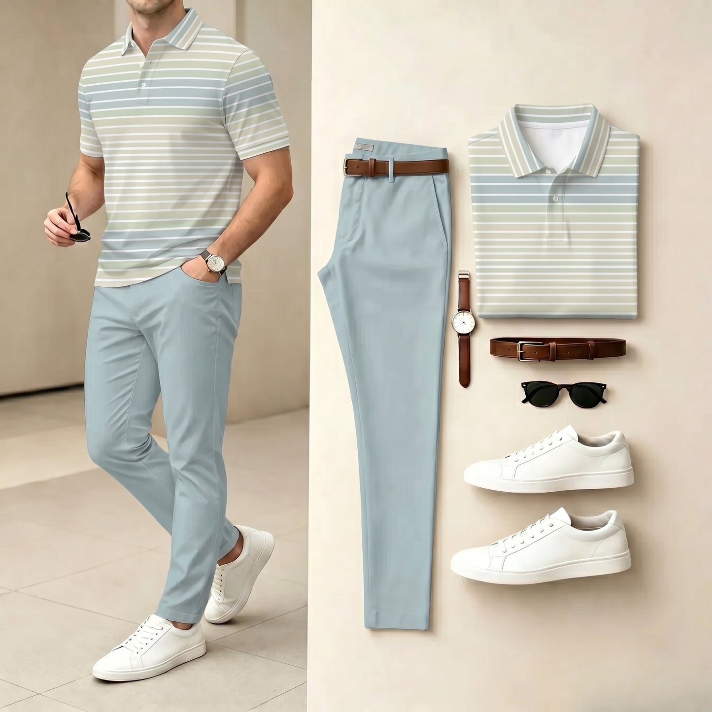 Men's Casual Light Blue & White Color Matching Striped Printed Polo Shirt & Pants Two-Piece Set