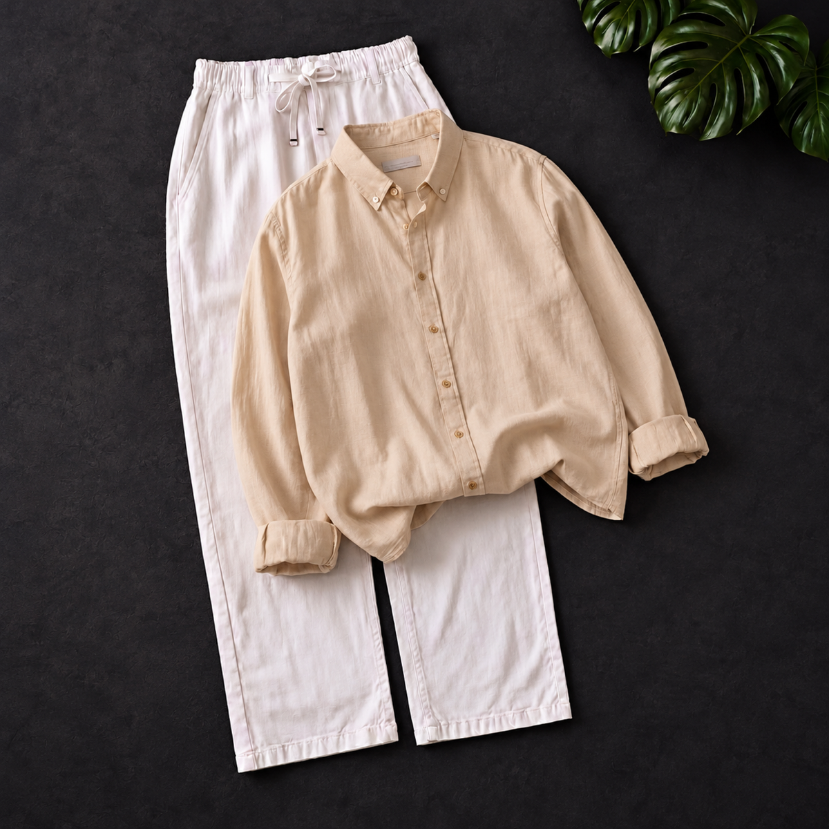 Men's Linen Shirt & Drawstring Pants Set - Beige
