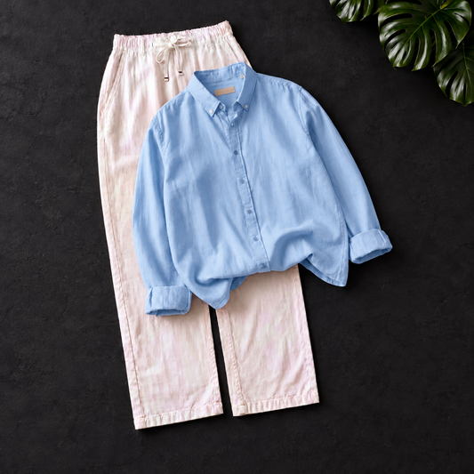 Men's Linen Shirt & Drawstring Pants Set - Light Blue