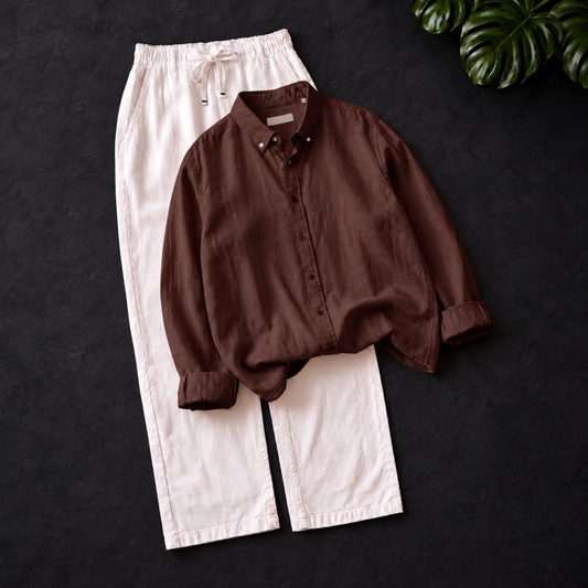 Men's Linen Shirt & Drawstring Pants Set - Chocolate Brown