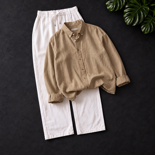 Men's Linen Shirt & Drawstring Pants Set - Khaki