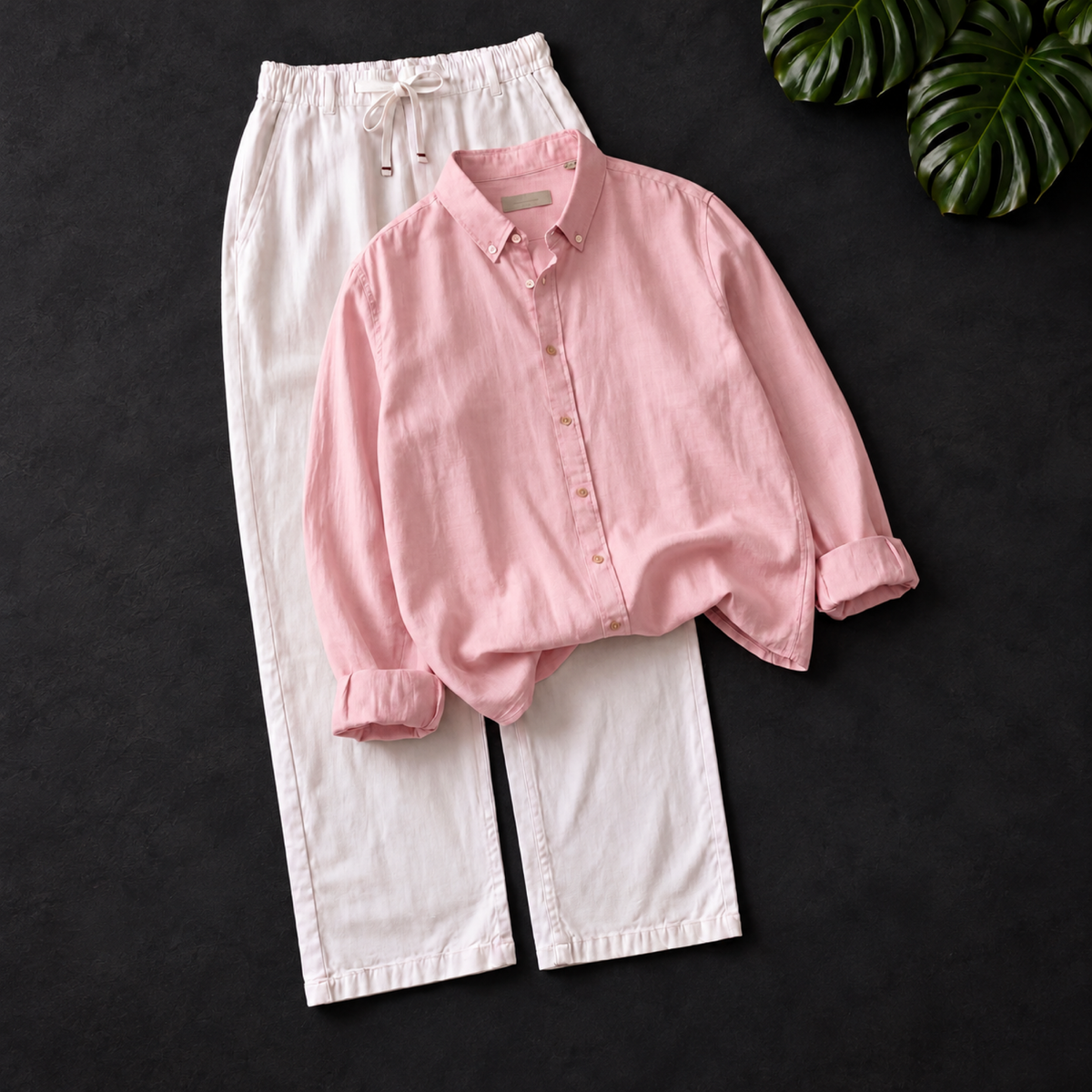 Men's Linen Shirt & Drawstring Pants Set - Soft Pink
