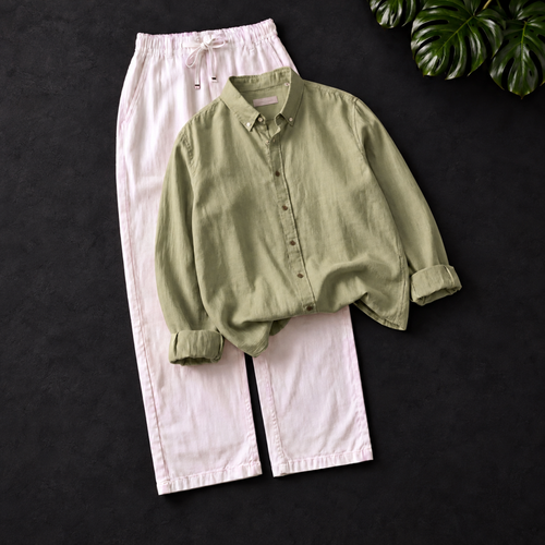 Men's Linen Shirt & Drawstring Pants Set - Sage Green