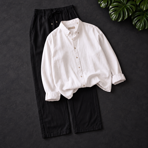 Men's Linen Shirt & Drawstring Pants Set - White